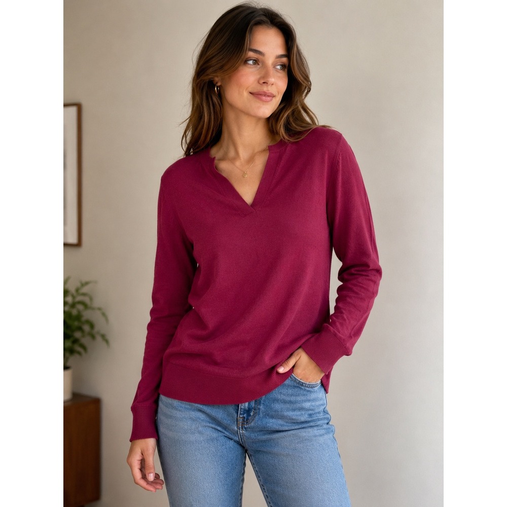 Katherine Barclay Womens 100% Merino Wool V-Neck Sweater Berry Wine Red Large